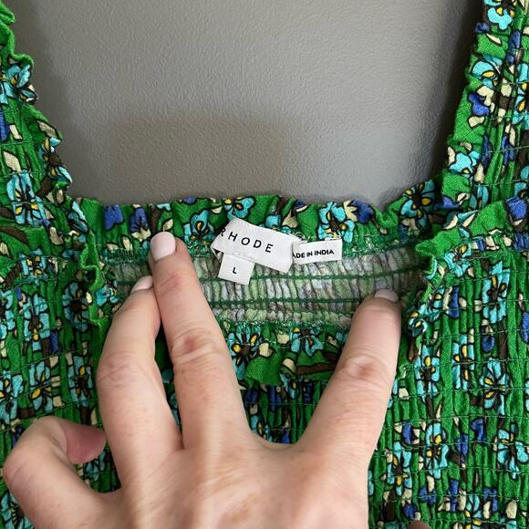 RHODE Jasmine Dress Green Floral Smocked Mini Dress Size Large Bodycon Sexy Cute - Picture 11 of 16